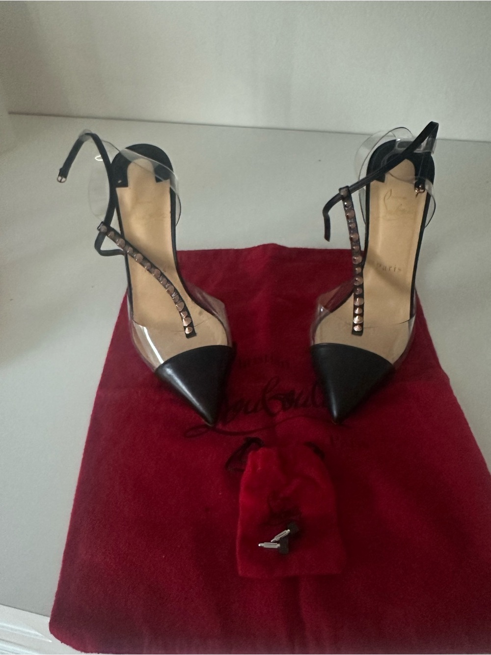 Christian Louboutin Black and Nude T-Strap Pointed Toe Pumps - Picture 10 of 10